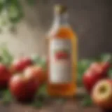 A vibrant bottle of apple cider vinegar surrounded by fresh apples and herbs.