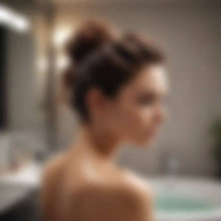 A serene bathroom setting showcasing a hair care routine using ACV.