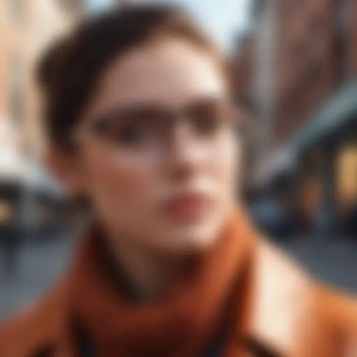 Fashionable individual wearing square glasses in an urban setting