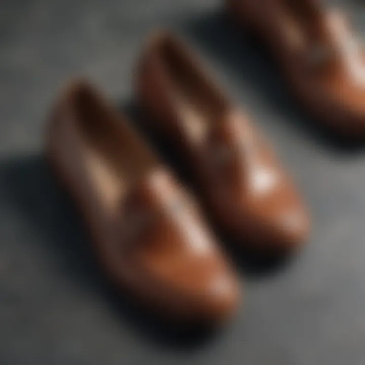 Close-up of loafers featuring trending design elements.