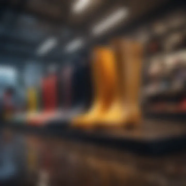 Top brands of rain boots displayed in a retail setting