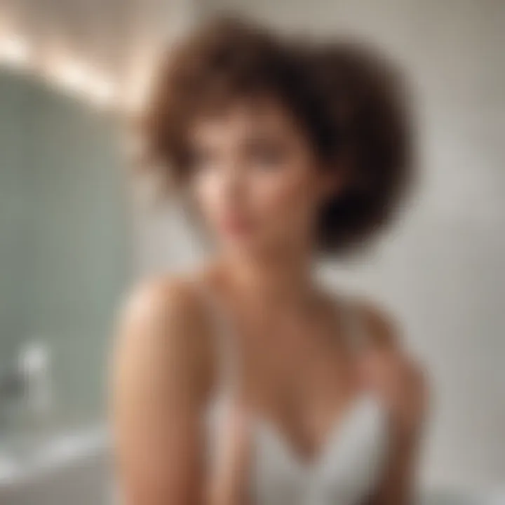 A person applying shampoo to curly hair in a stylish bathroom