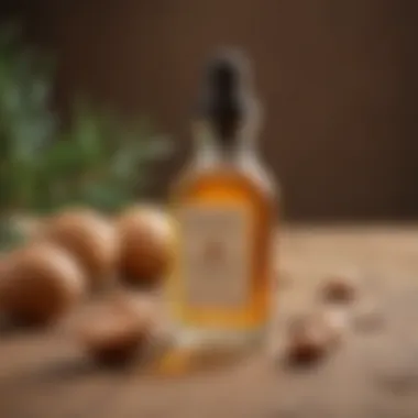 Bottle of pure argan oil displayed with natural background