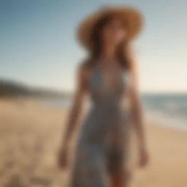 Elegant beach outfit featuring a flowing maxi dress and stylish sun hat