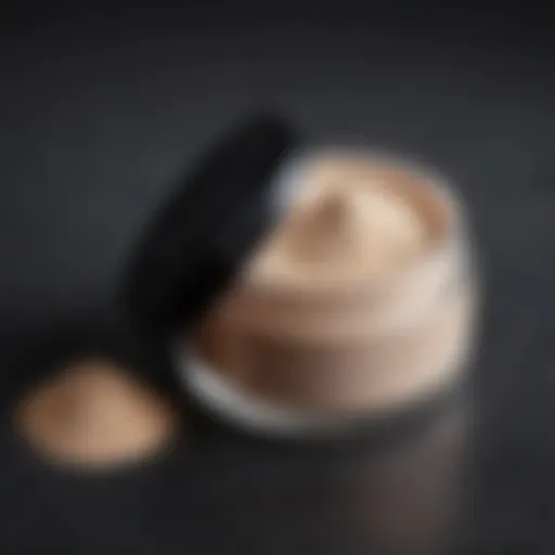 A close-up view of a luxurious finishing powder in a translucent jar, showcasing its fine texture and smooth consistency.