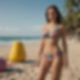 Colorful tankinis displayed on a beach