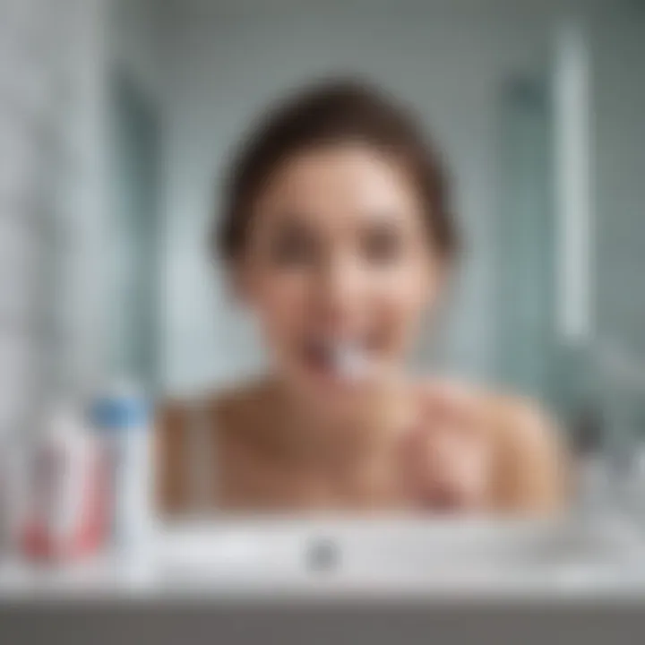 A person brushing their teeth with a whitening toothpaste in a well-lit bathroom