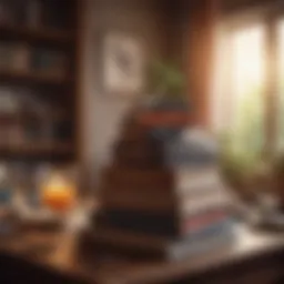 A stack of inspiring books on a wooden table, surrounded by cozy decor