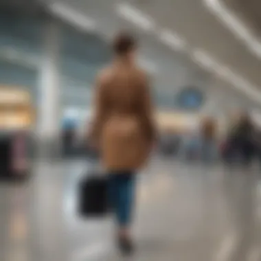 Traveler using carry-on bag with sleeve in an airport.