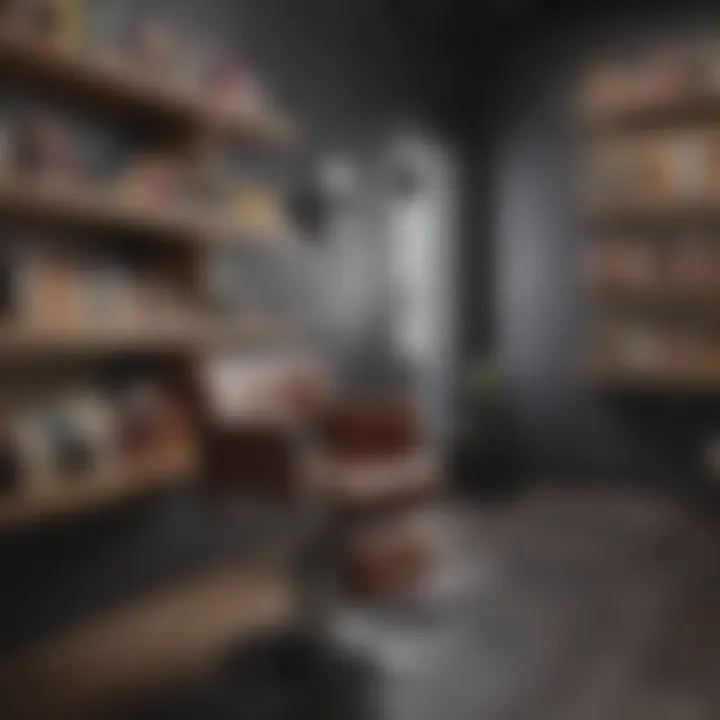 Stylish hair salon interior with professional products showcased on shelves
