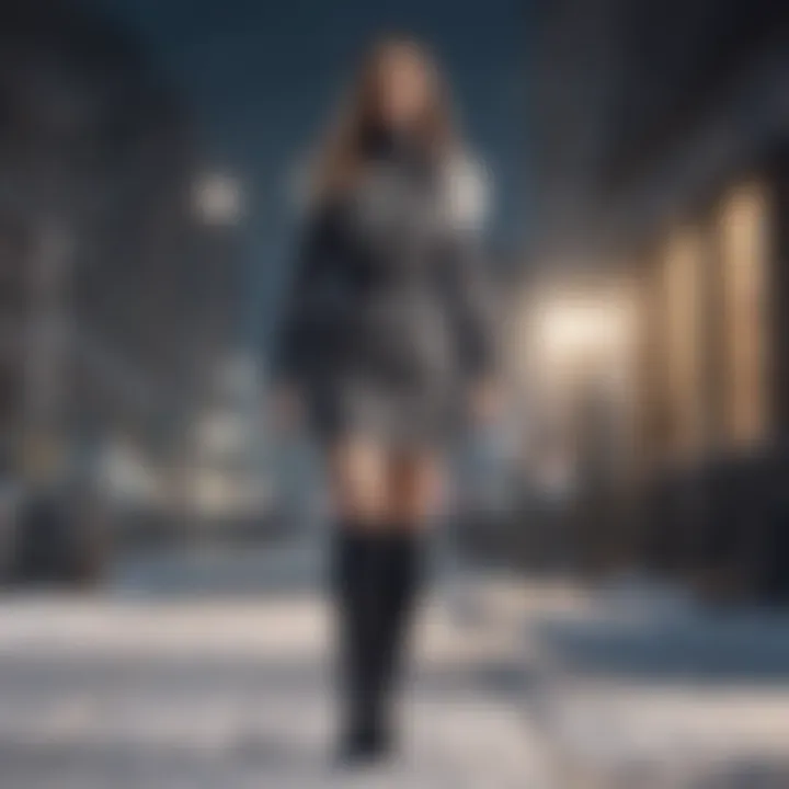 Elegant winter dress paired with knee-high boots and a statement belt