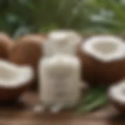 Coconut oil in a glass jar surrounded by fresh coconuts