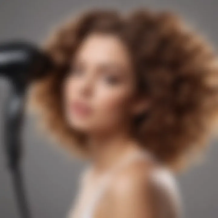 Close-up of a hair diffuser attached to a blow dryer with styled curls