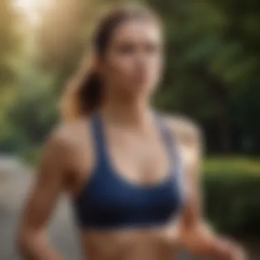 A running enthusiast wearing a supportive sports bra during a jog.