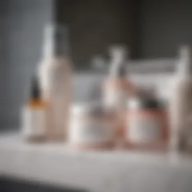 A serene morning scene featuring skincare products arranged neatly on a bathroom counter.