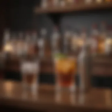 An elegant cocktail shaker and glassware displayed on a wooden bar counter