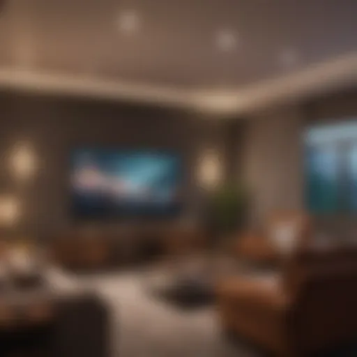 A cozy living room set up for a movie night with dim lights and comfortable seating