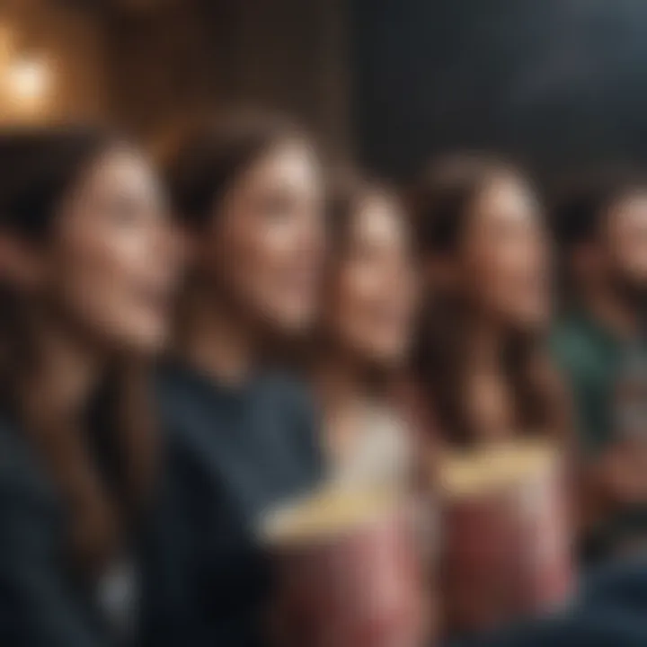 A group of friends enjoying a movie night, engrossed in the film with expressions of joy