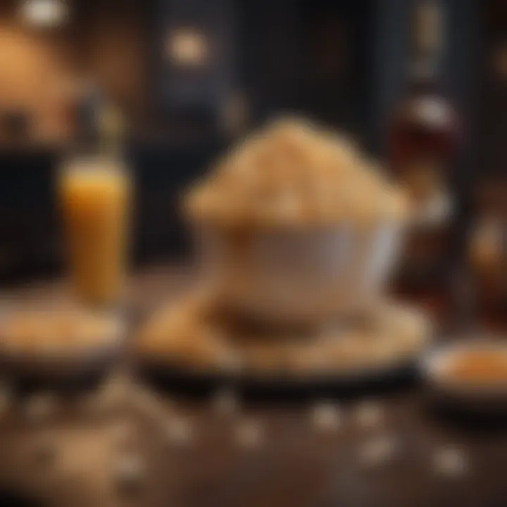 A bowl filled with gourmet popcorn surrounded by drinks and snacks on a table
