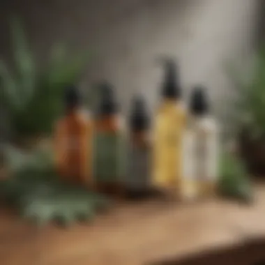 An array of natural ingredients like tea tree oil, salicylic acid, and aloe vera laid out on a wooden surface.