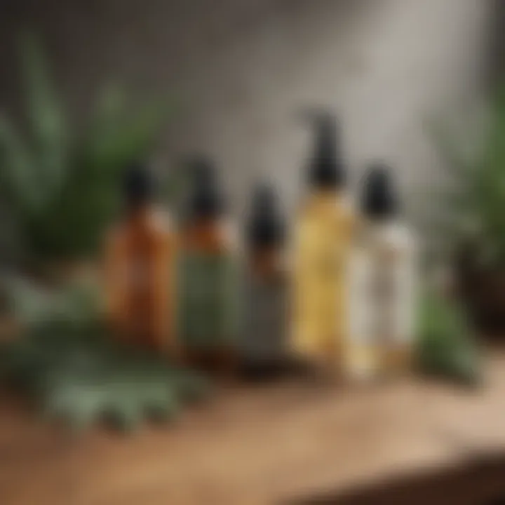 An array of natural ingredients like tea tree oil, salicylic acid, and aloe vera laid out on a wooden surface.