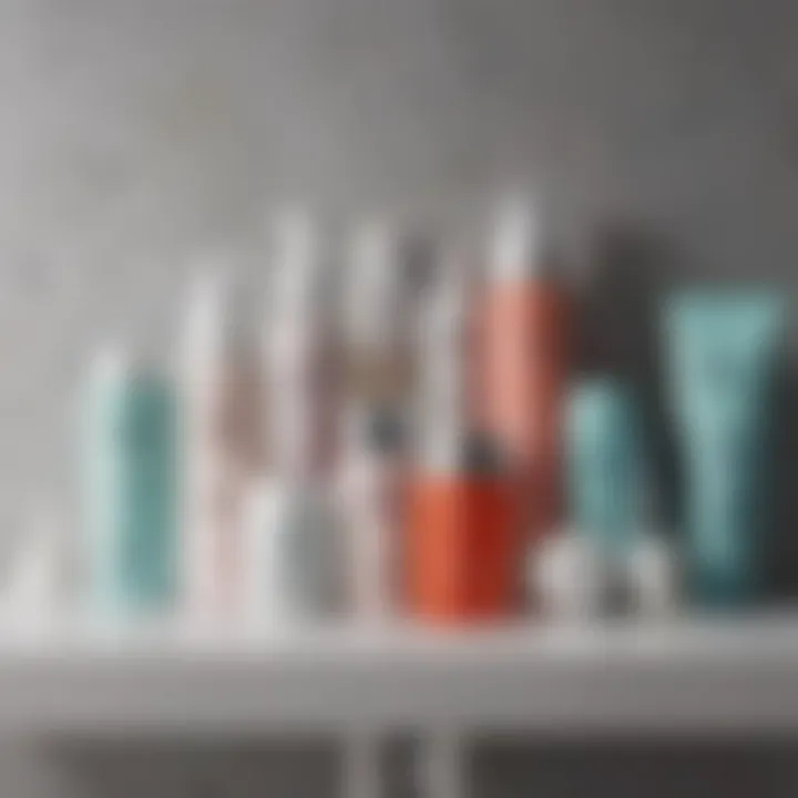 Various skincare products organized neatly on a bathroom shelf