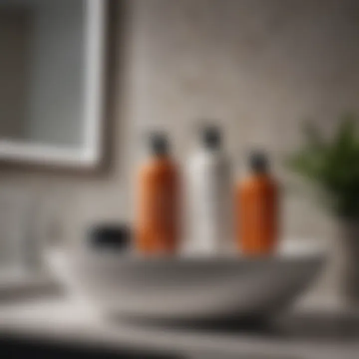 A serene bathroom setting with hair care products neatly displayed