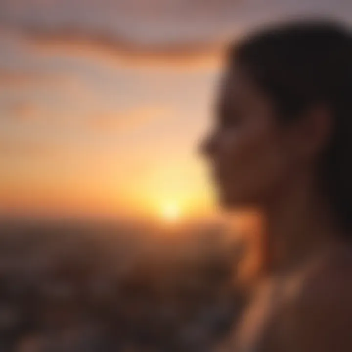 A silhouette of a woman gazing at a sunset, representing reflection and empowerment.