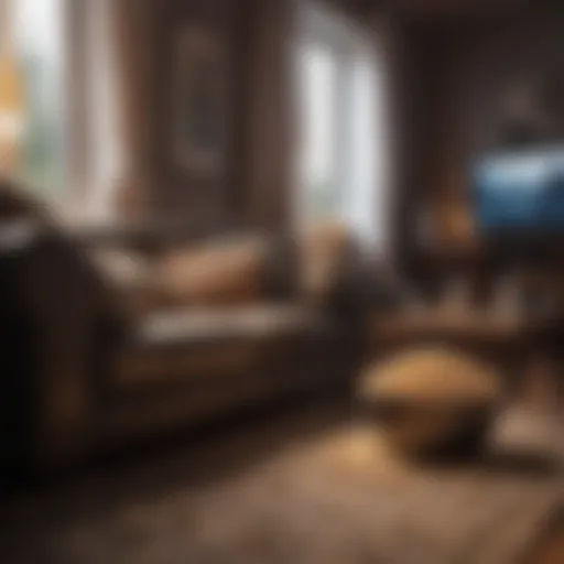 A dimly lit living room with a cozy couch and popcorn