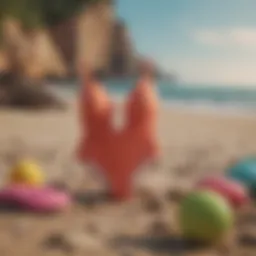 A collection of eco-friendly swimwear displayed on a natural beach background