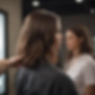 A stylist demonstrating an Aveda hair treatment to a client