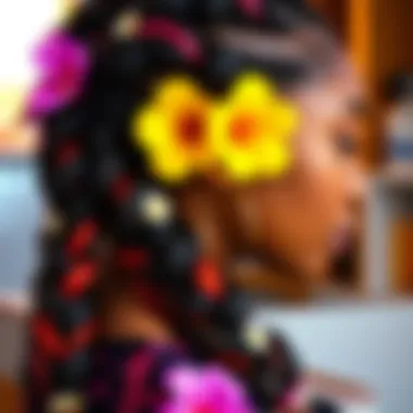 Colorful braided hairstyle with floral accents