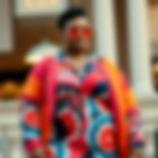 A vibrant plus size outfit featuring bright colors and bold patterns.