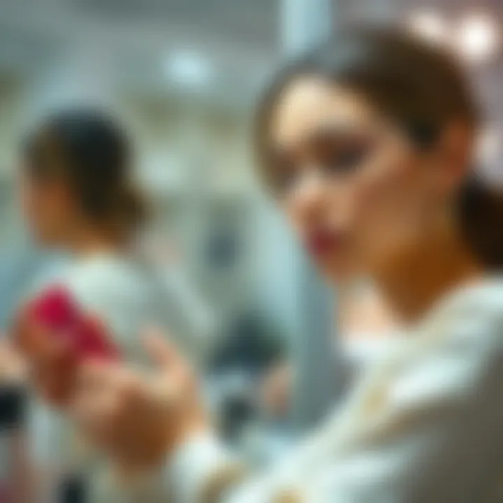 A consumer assessing clean beauty products with thoughtful expression.