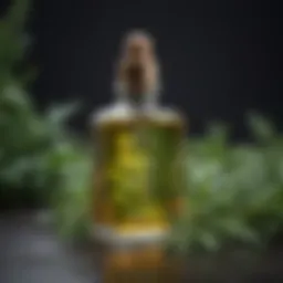 A close-up of a luxurious botanical oil blend in a glass bottle surrounded by fresh herbs.