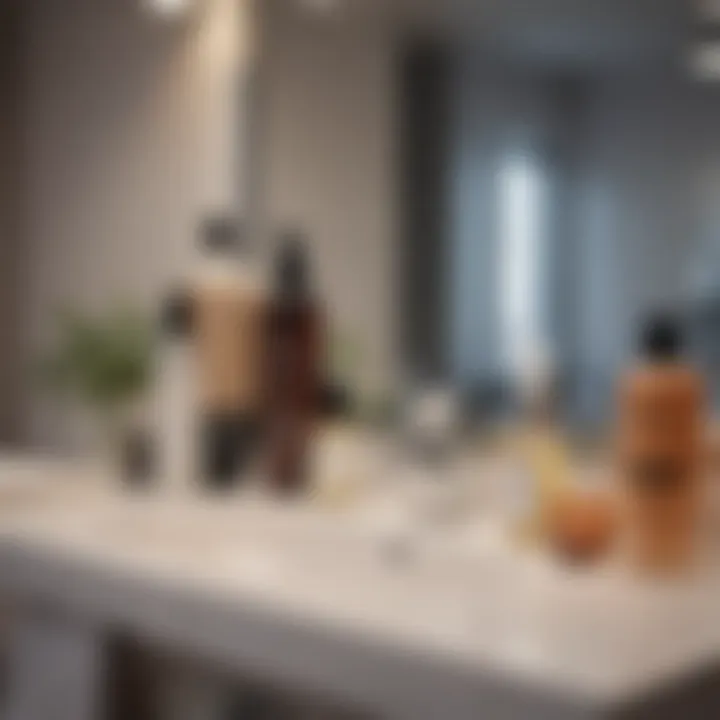 A serene bathroom setup featuring skincare routine essentials focused on acne prevention