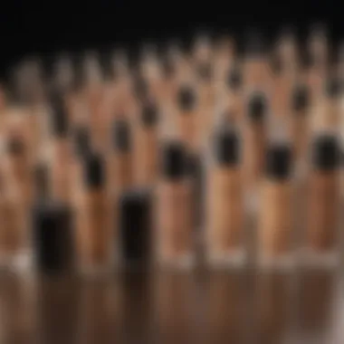 Various shades of full coverage foundations displayed in a stylish way.