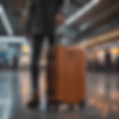 Traveler effortlessly maneuvering hard shell suitcase at an airport