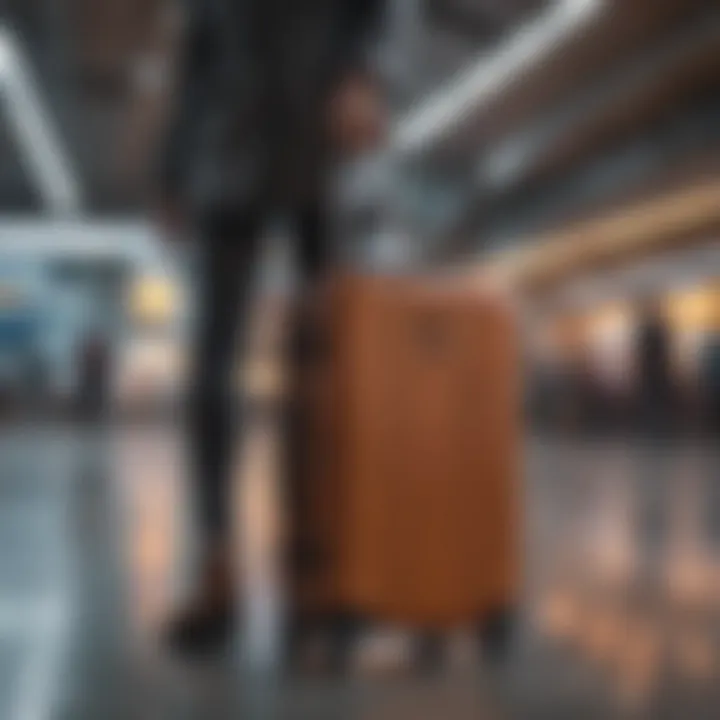 Traveler effortlessly maneuvering hard shell suitcase at an airport