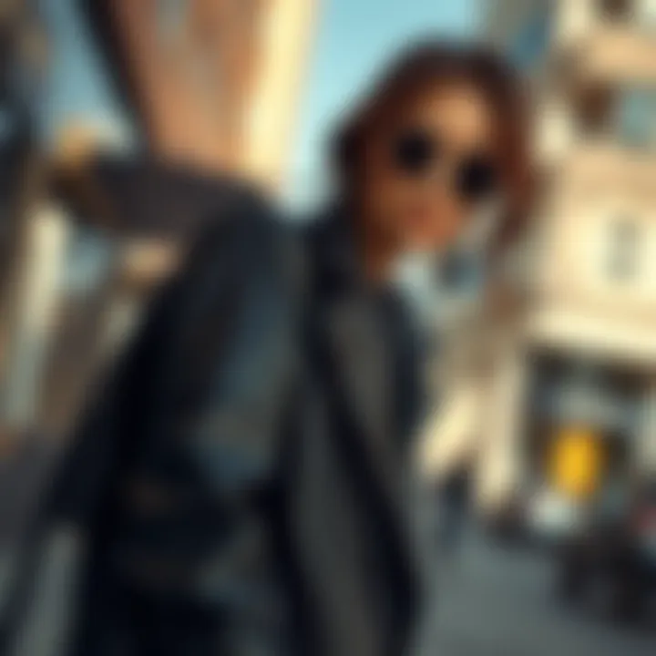 A modern leather coat styled with contemporary fashion elements in an outdoor urban setting.