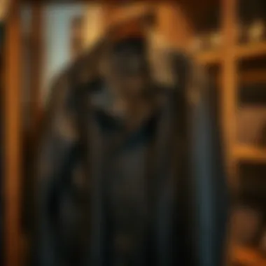 A vintage leather coat displayed elegantly on a wooden rack, showcasing its timeless design.