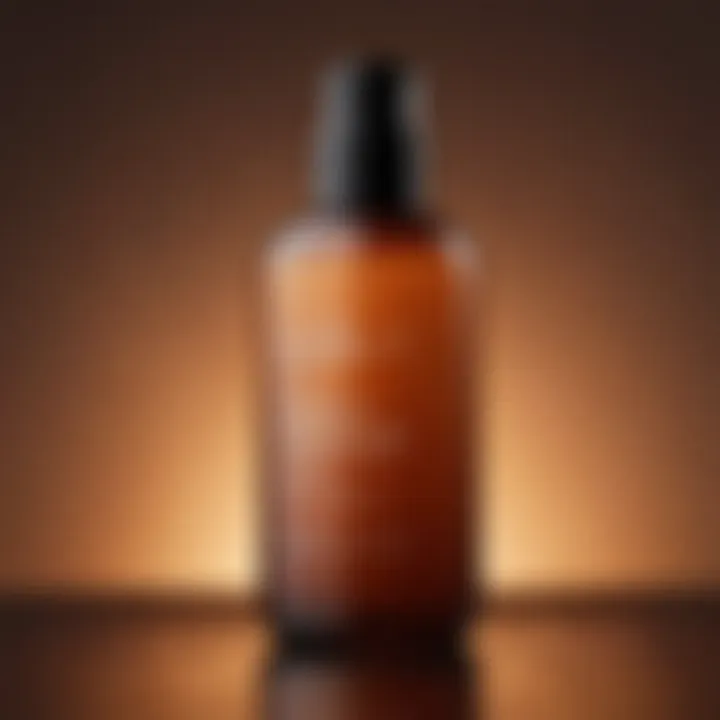 Close-up of a sunless tanner bottle with a lush background