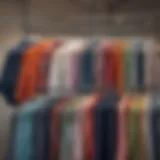 A vibrant collection of plus size shirts displayed on hangers showcasing various colors and patterns.