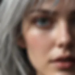 Close-up view of grey hair strands reflecting light