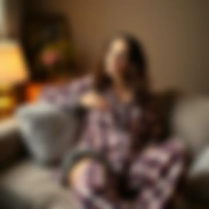 Chic Relaxation in Fashion-Forward Pajamas Chic woman lounging in stylish fur-trimmed pajamas