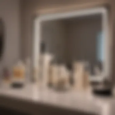 An elegant skincare routine layout featuring different lightener products beside a mirror and soft lighting.