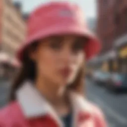 A stylish adult bucket hat showcased against a vibrant urban backdrop