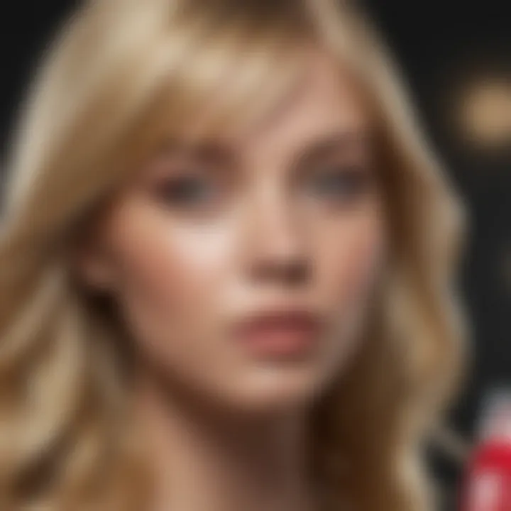A close-up of vibrant blonde hair with various maintenance products displayed.