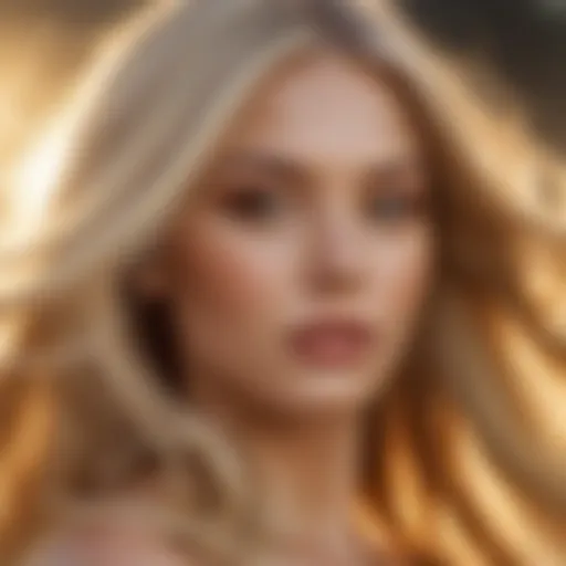 A stunning model showcasing long, flowing blonde tresses under golden sunlight.
