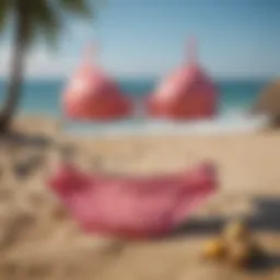 Trendy two-piece bathing suits displayed on a beach